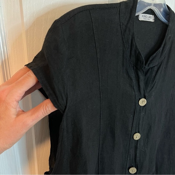 Puro Lino 100% Linen Babydoll Dress Womens Large Italy Black Flowy Tiered Button - Picture 3 of 9